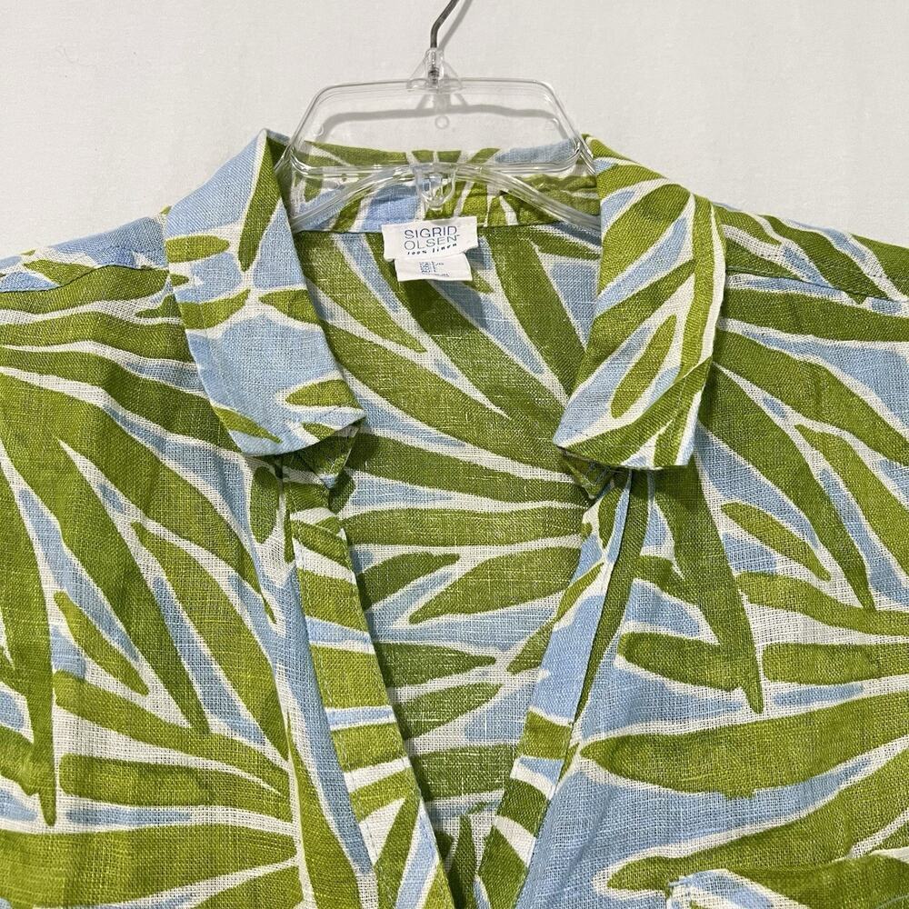 Sigrid Olsen 100% Linen Top Large Tropical Boxy Button Up Green Beach Resort - Picture 2 of 11